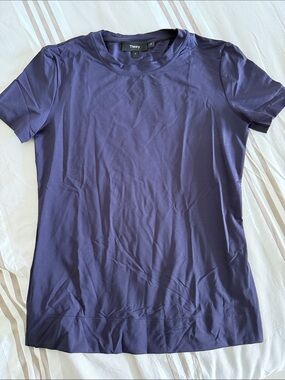 Theory Short Sleeve Stretchy Crewneck Tee in Shiny Eggplant Purple